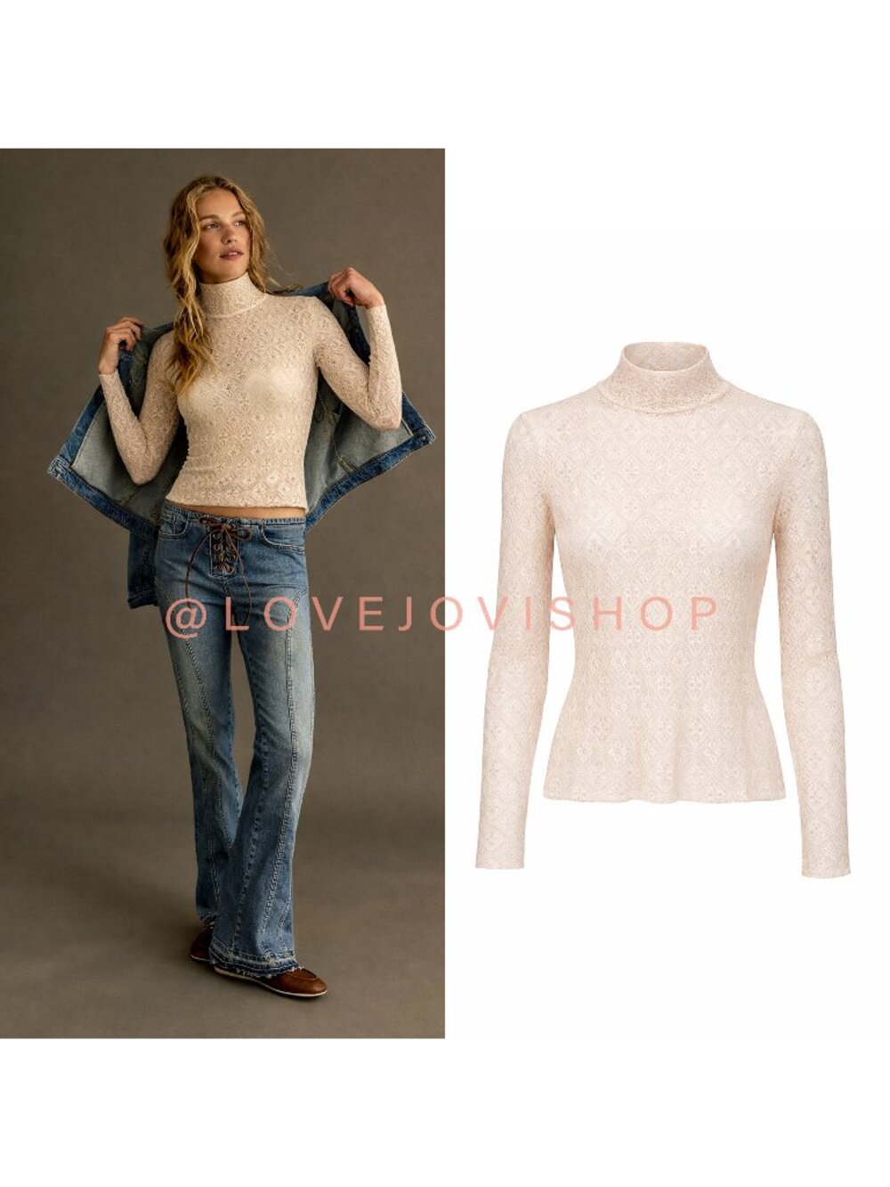 Bohemian Western | Free People Lace Fitted Mock Neck Layer Top | Cream | Small